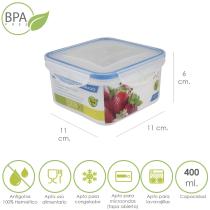 Recipiente Hermetico Plastico Cuadrado 400 ml. 11x11x6 (Alt.) cm.