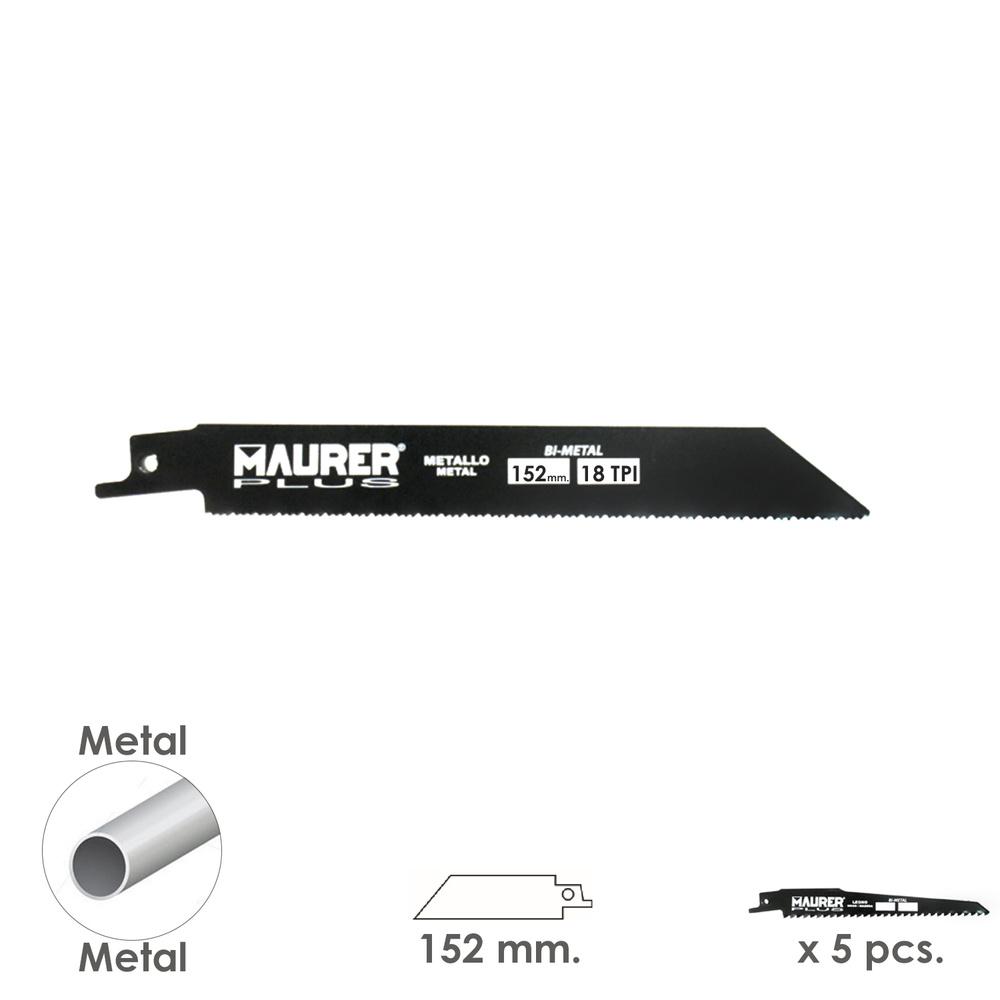 Hoja Para Sierra Sable Metal 152 mm. - 18 TPI Tipo Bosch (5 piezas) Hoja Para Sierra Sable Metal 152 mm. - 18 TPI Tipo Bosch (5 piezas)