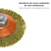 Cepillo Oblicuo Con Alambre De Acero Latonado Rosca M14, Ø 100 mm. Alambre de Ø 0,30 mm.