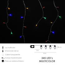 Guirnalda Luces Navidad Cortina 10x1 Metros 345 Leds Multicolor. Luz Navidad Interiores y Exteriores Ip44. Cable Transparente