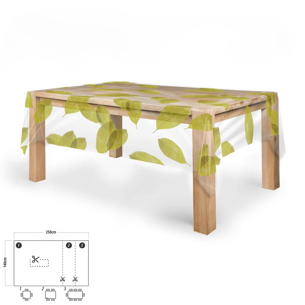 Mantel Hule Rectangular Hojas Transparente Impermeable Antimanchas PVC 140x250 cm. Recortable Uso Interior y Exterior