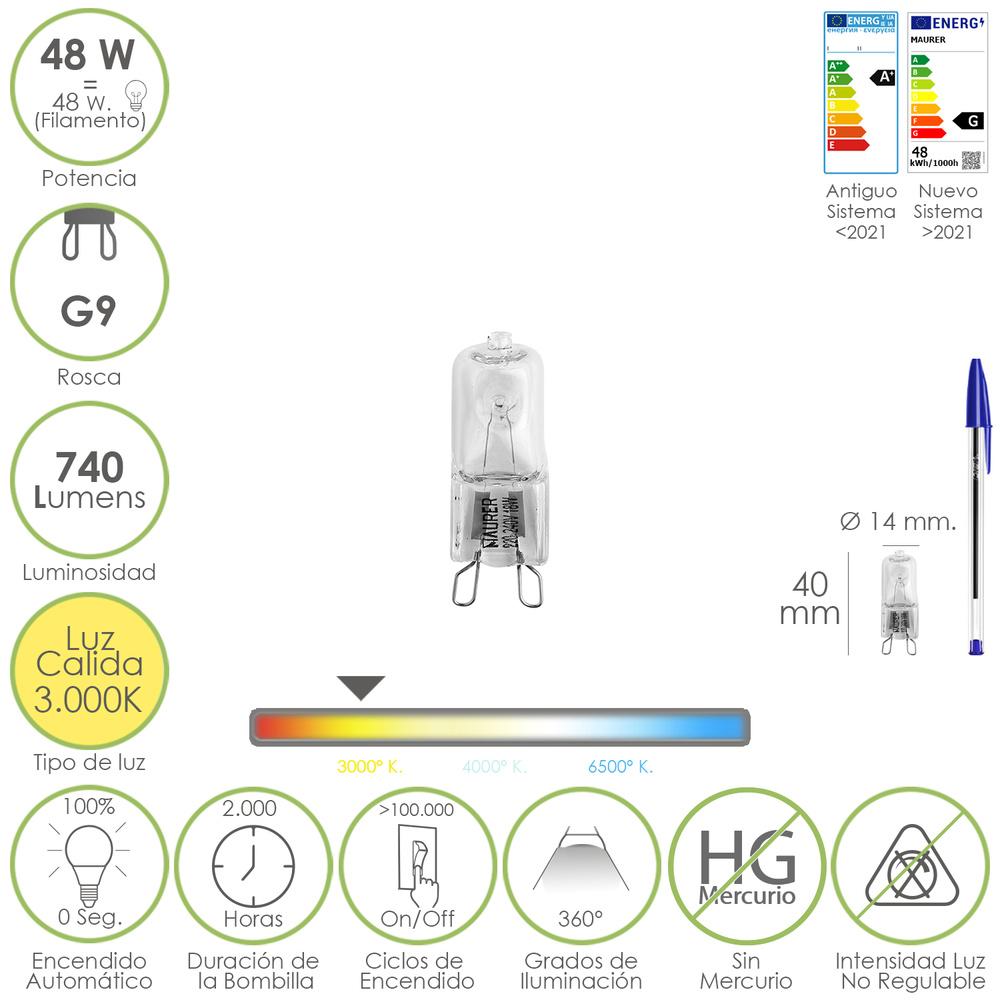 Bombilla Halogena G-9. 48 W. 460 lumenes. Luz cálida (3.000º K)