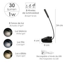 Linterna LED De Mesa / Lectura Bateria Recargable (1.000 mAh) 30 Lumenes Con Clip, 3 Tonos De Luz y 3 Niveles De Luminosidad