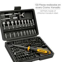 Juego Puntas con Destornillador 1/4" 122 Pzs. Con Apadtador. Cromo Vanadio, Kit Llave Combinada, Kit Carraca,