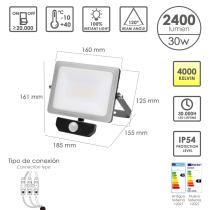 Foco Led Plano 30 Watt. Luz Blanca 4000º K IP 65 2400 Lumenes Con Sensor de Presencia