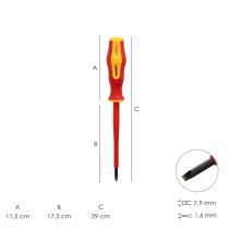 Destornillador Plano Aislado Certificado VDE 1.000 V. Medida 1,6x Ø 8,0 x 175 mm. Destornillador Seguridad Electricista