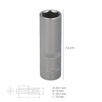 Llave Vaso 1/2" Hexagonal Larga 17 mm. Perfil de 6 caras. Acero Cromo Vanadio, Aristas Redondas