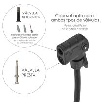 Bomba Aire Pie / Pedal Con Manometro 6 Bares Cuerpo Acero, Valvulas SCHRADER y PRESTA con Adaptadores. Bomba Bicicletas, Motos