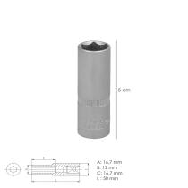 Llave Vaso 1/4" Hexagonal Larga 12 mm. Perfil de 6 caras. Acero Cromo Vanadio, Aristas Redondas